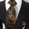 Black Orange Floral Silk Tie Pocket Square Cufflink Set - STYLETIE