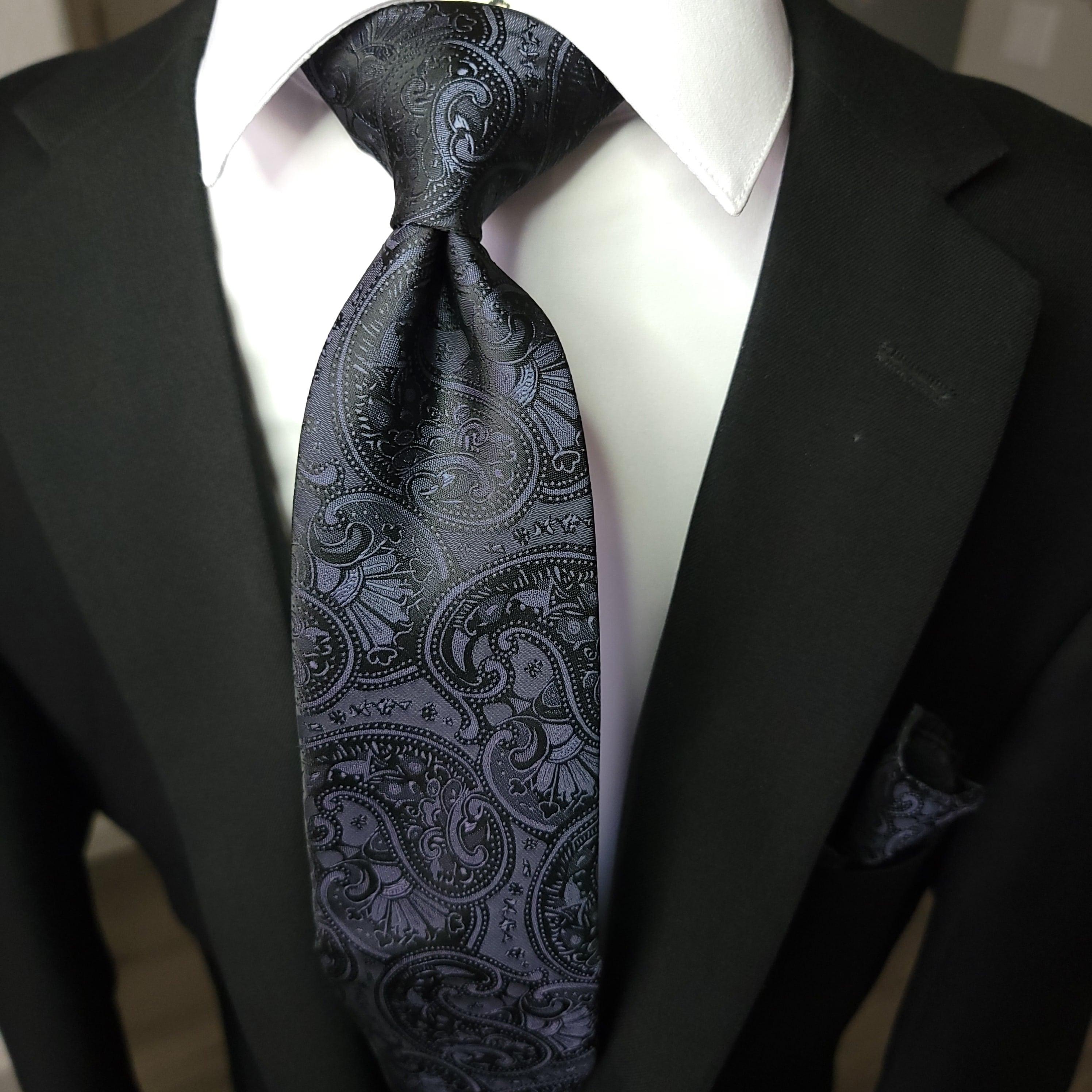 Black Paisley Silk Tie Pocket Square Cufflinks Clip Flower Lapel Pin Set - STYLETIE