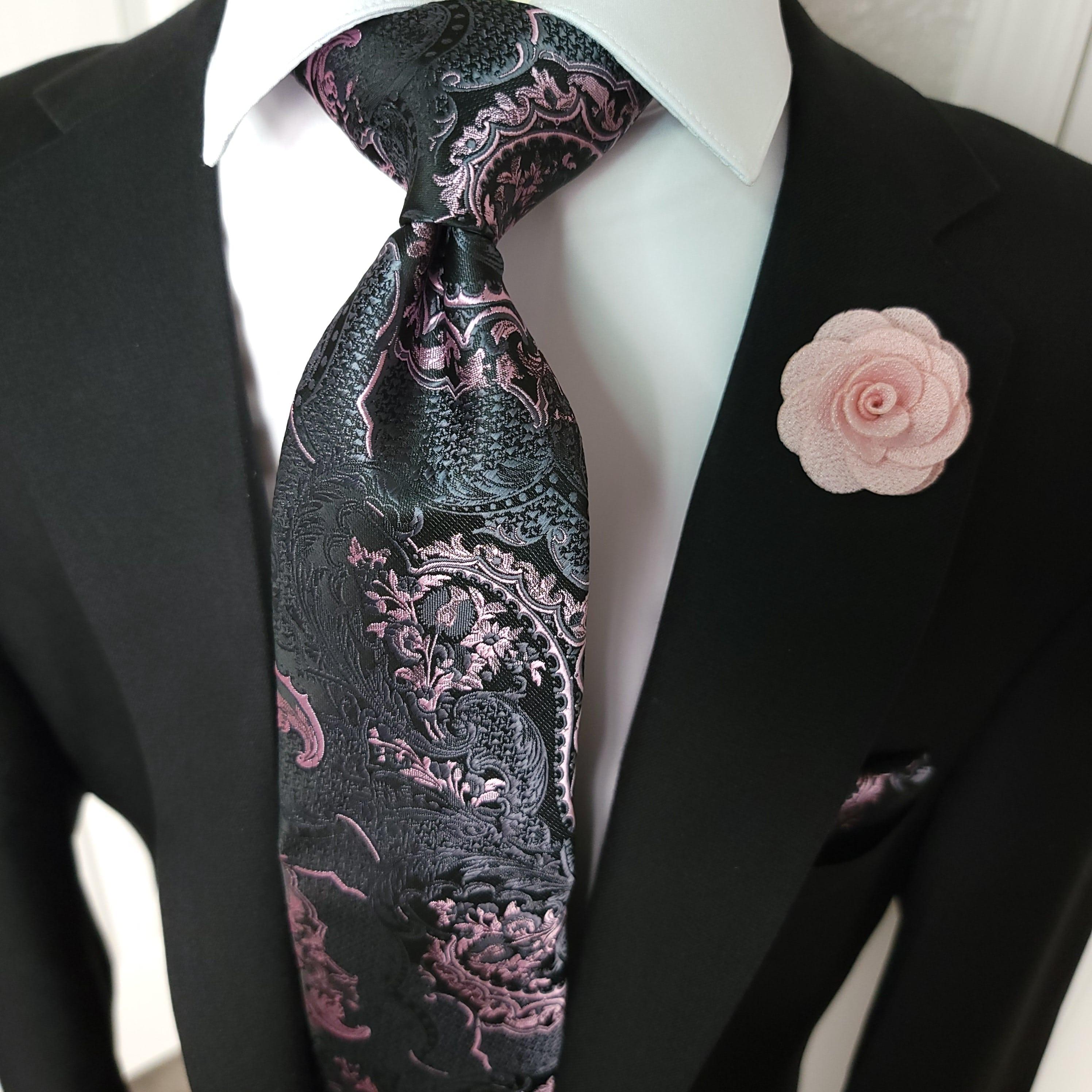 Black Pink Floral Silk Tie Pocket Square Cufflink Set - STYLETIE