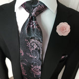 Black Pink Floral Silk Tie Pocket Square Cufflink Set