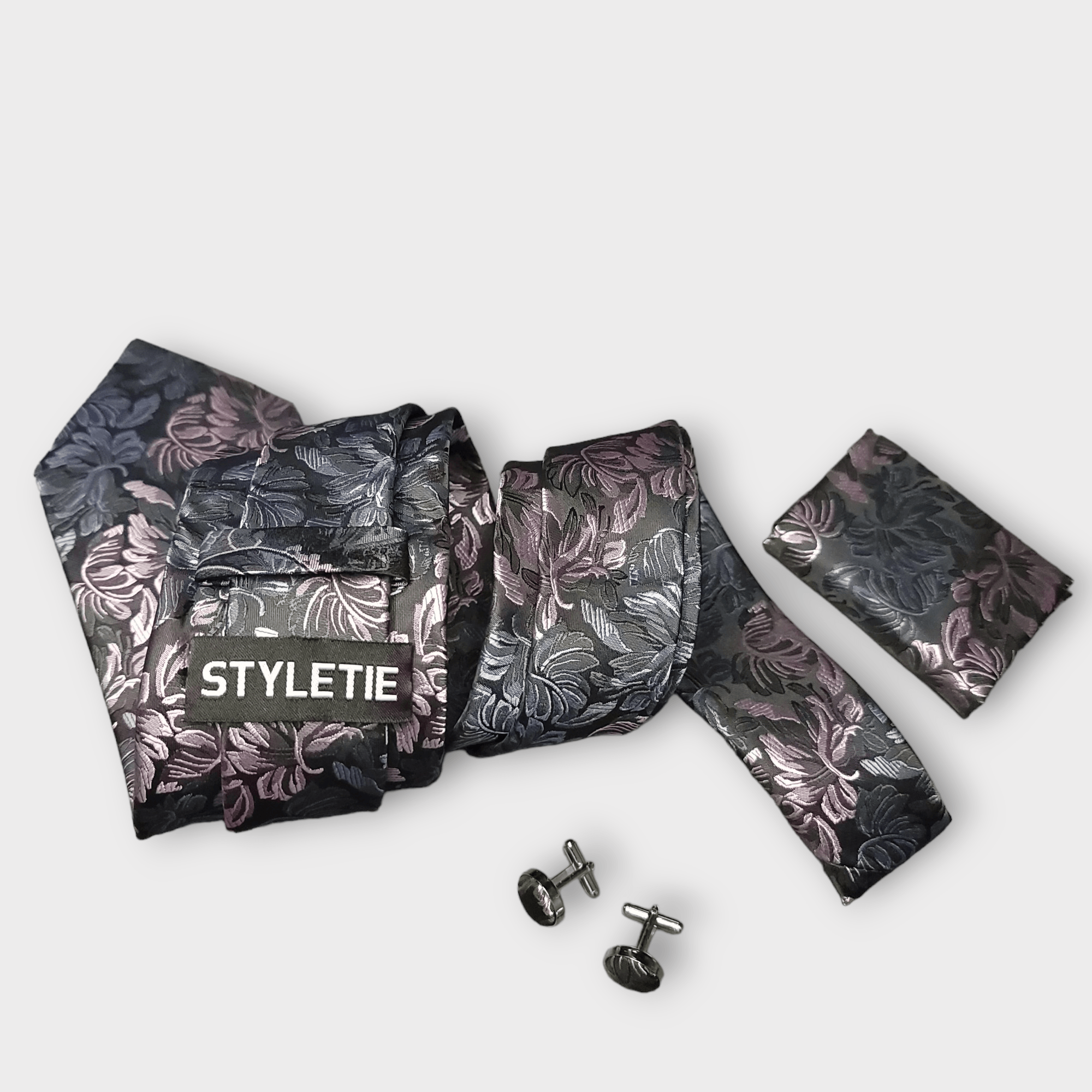 Black Pink Floral Silk Tie Pocket Square Cufflink Set - STYLETIE