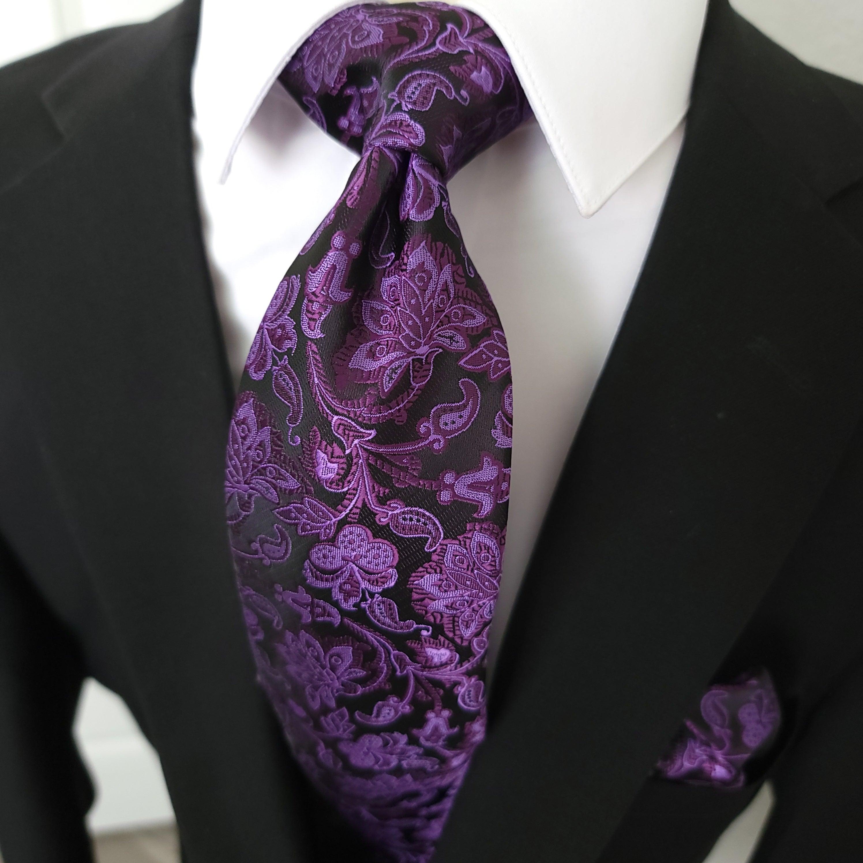 Black Purple Floral Silk Tie Pocket Square Cufflink Set - STYLETIE