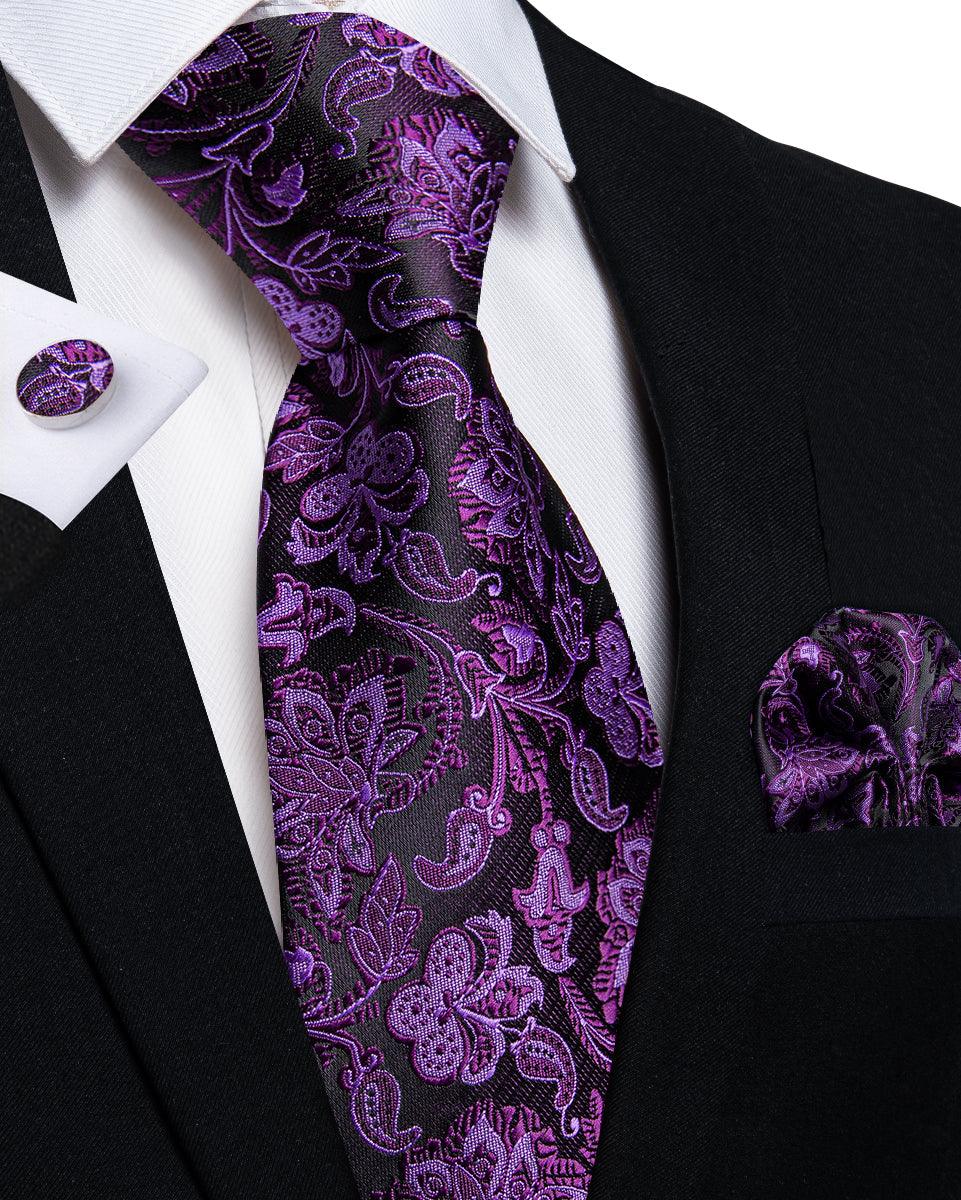Black Purple Floral Silk Tie Pocket Square Cufflink Set - STYLETIE