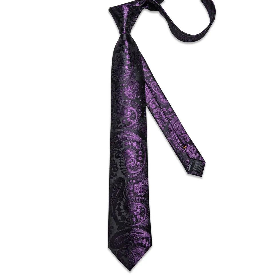 Black Purple Paisley Silk Tie Pocket Square Cufflink Set - STYLETIE