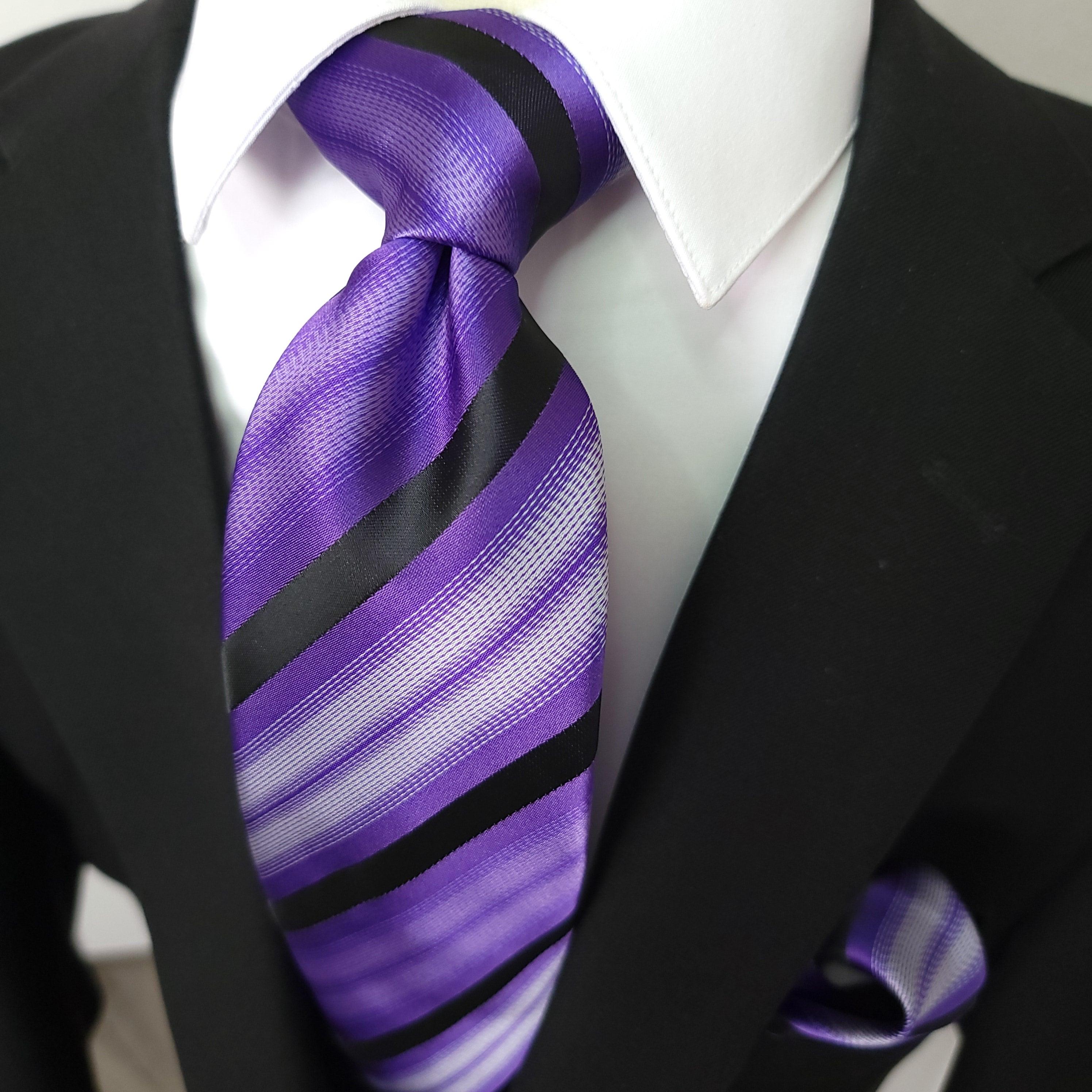 Black Purple Stripe Silk Tie Pocket Square Cufflink Set - STYLETIE