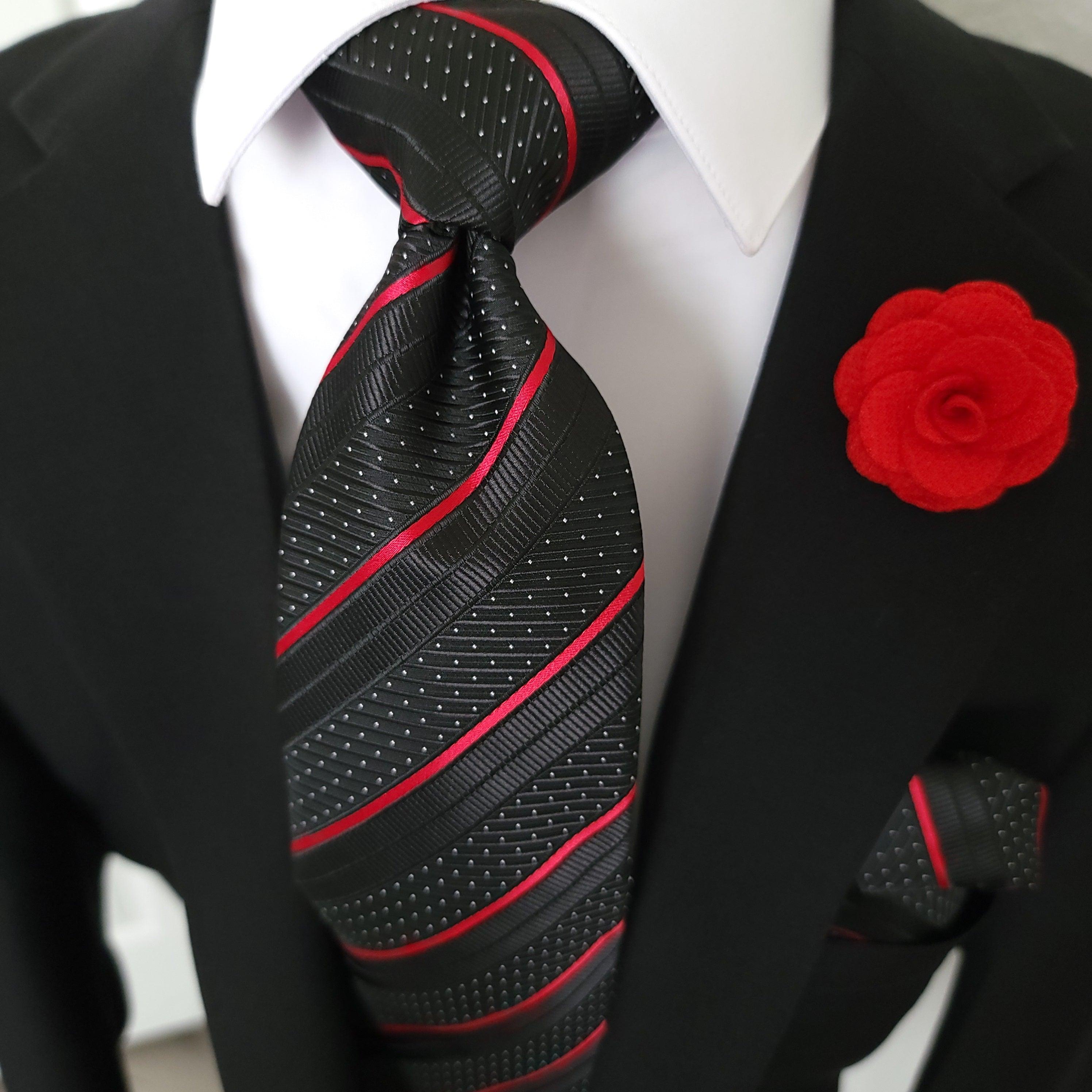 Black Red Stripe Silk Tie Pocket Square Cufflink Set - STYLETIE