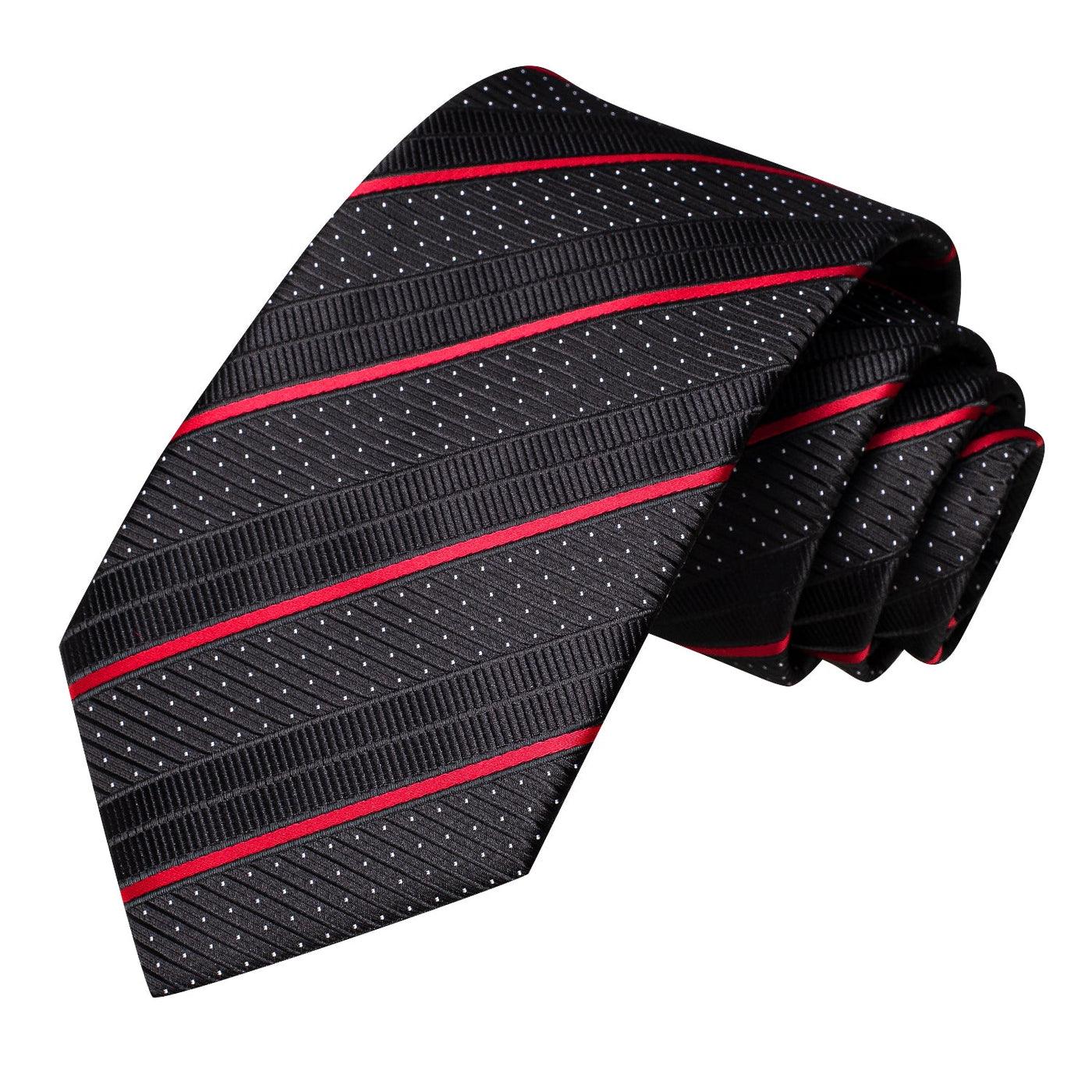 Black Red Stripe Silk Tie Pocket Square Cufflink Set - STYLETIE