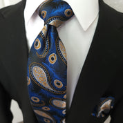 Black Royal Blue Peacock Feather Silk Tie Pocket Square Cufflink Set - STYLETIE