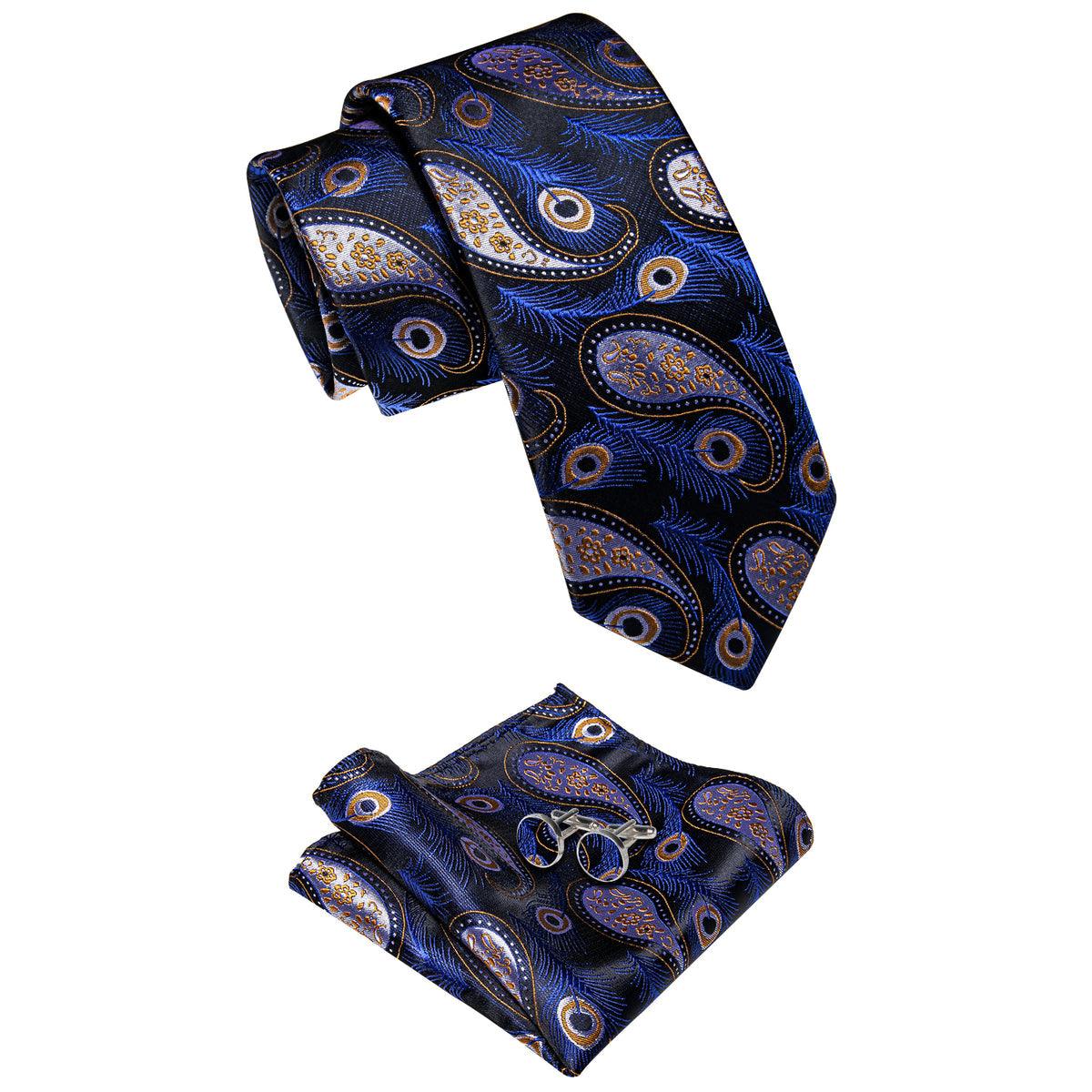 Black Royal Blue Peacock Feather Silk Tie Pocket Square Cufflink Set - STYLETIE