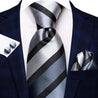 Black Silver Gray Silk Tie Pocket Square Cufflink Set - STYLETIE