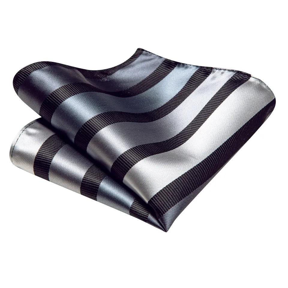 Black Silver Gray Silk Tie Pocket Square Cufflink Set - STYLETIE
