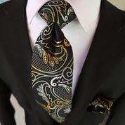 Black Silver paisley Silk Tie Pocket Square Cufflink Set - STYLETIE