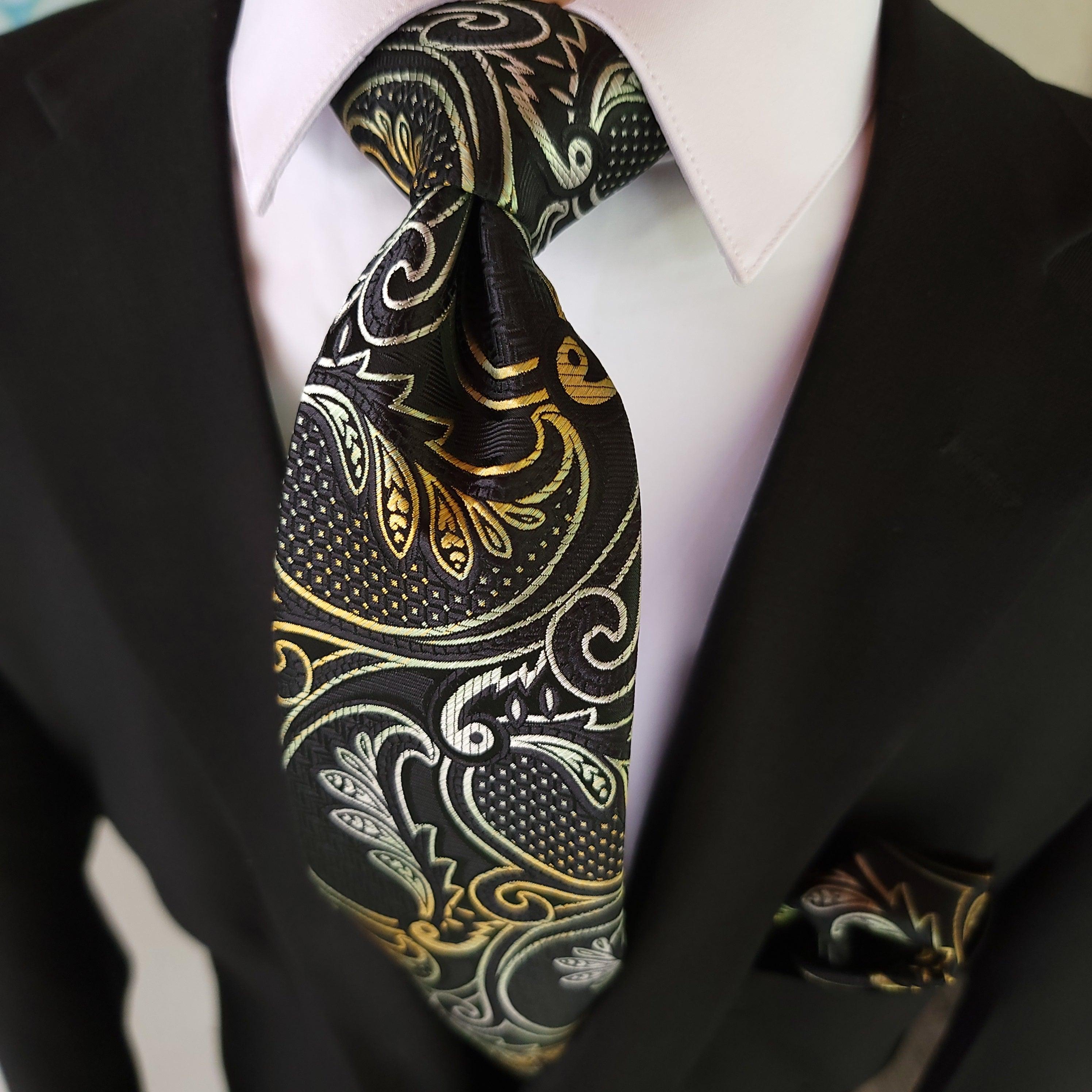 Black Silver paisley Silk Tie Pocket Square Cufflink Set - STYLETIE