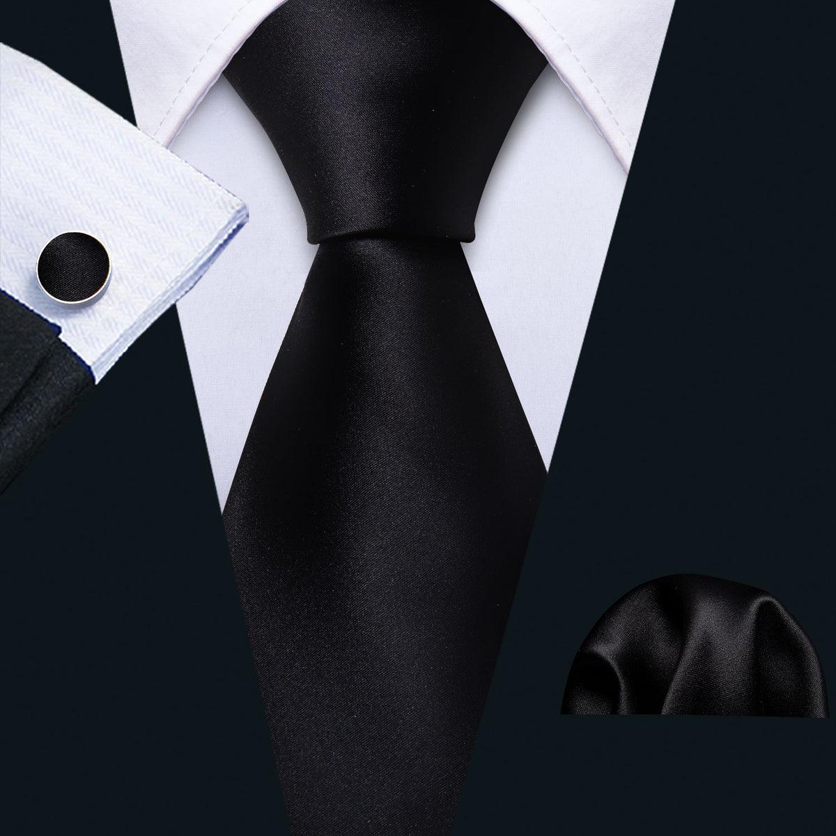 Black Solid Silk Tie Pocket Square Cufflink Set - STYLETIE