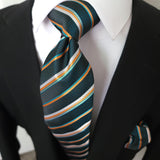 Black Teal Striped Silk Tie Pocket Square Cufflink Set