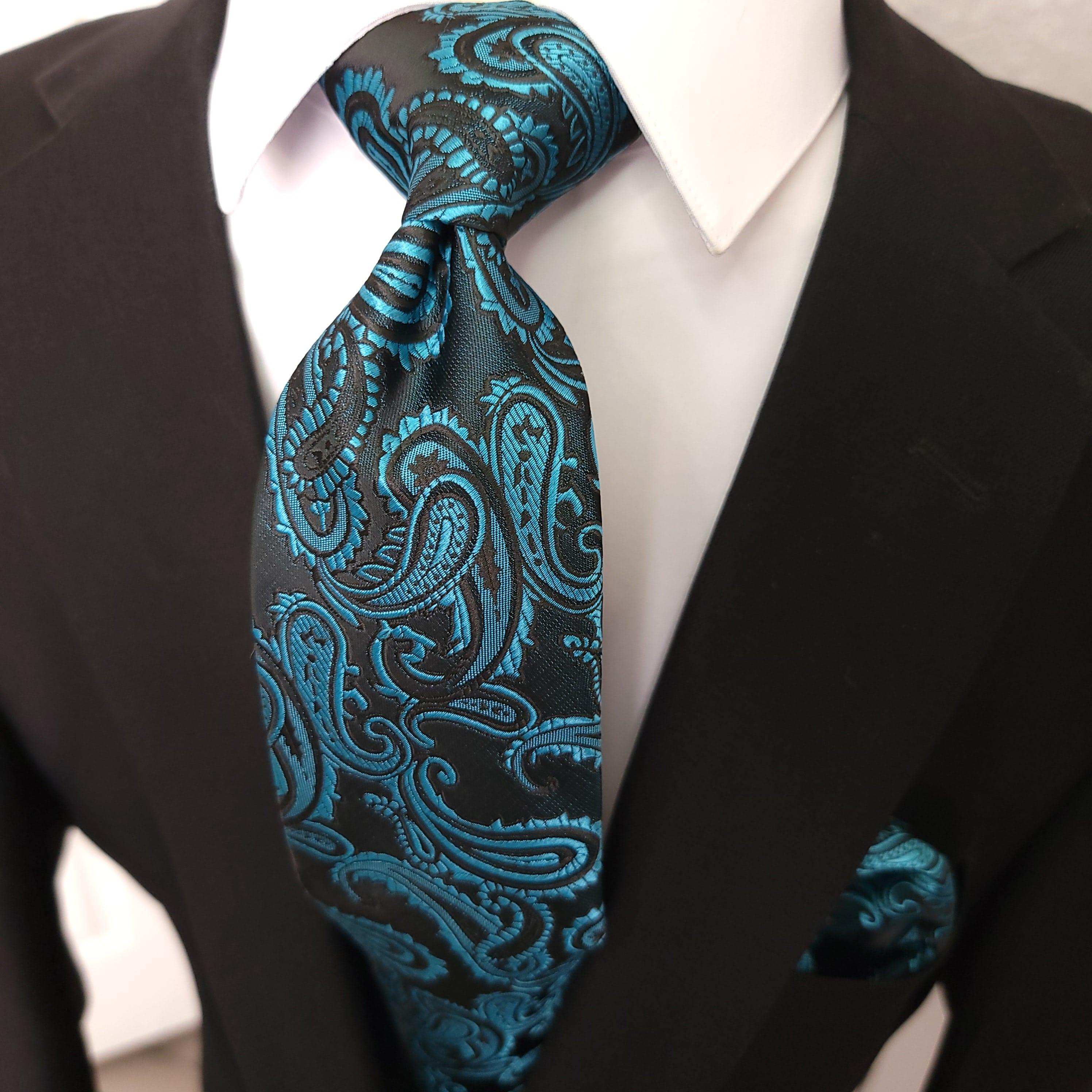 Black Turquoise Paisley Silk Tie Pocket Square Cufflink Set - STYLETIE