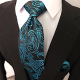 Black Turquoise Paisley Silk Tie Pocket Square Cufflink Set