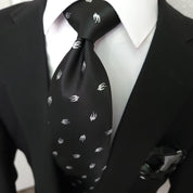 Black White Bird Pattern Silk Tie Pocket Square Cufflink Set - STYLETIE