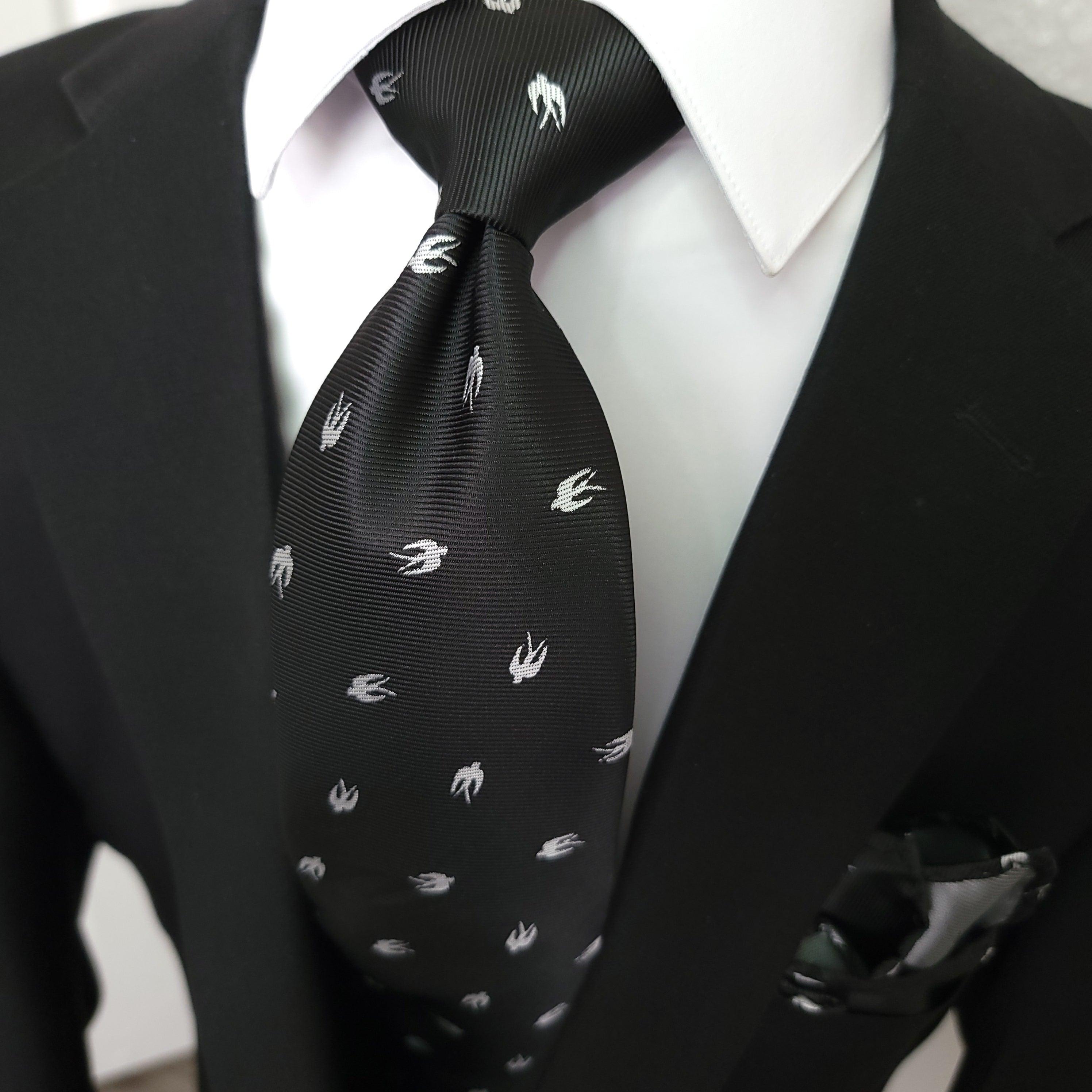 Black White Bird Pattern Silk Tie Pocket Square Cufflink Set - STYLETIE