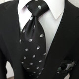 Black White Bird Pattern Silk Tie Pocket Square Cufflink Set