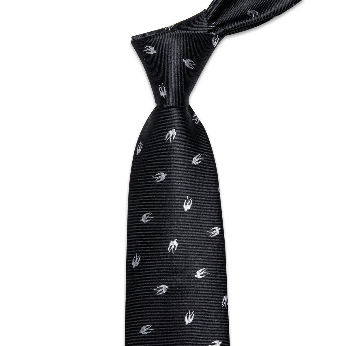 Black White Bird Pattern Silk Tie Pocket Square Cufflink Set - STYLETIE