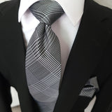 Black White Plaid Silk Tie Pocket Square Cufflink Set