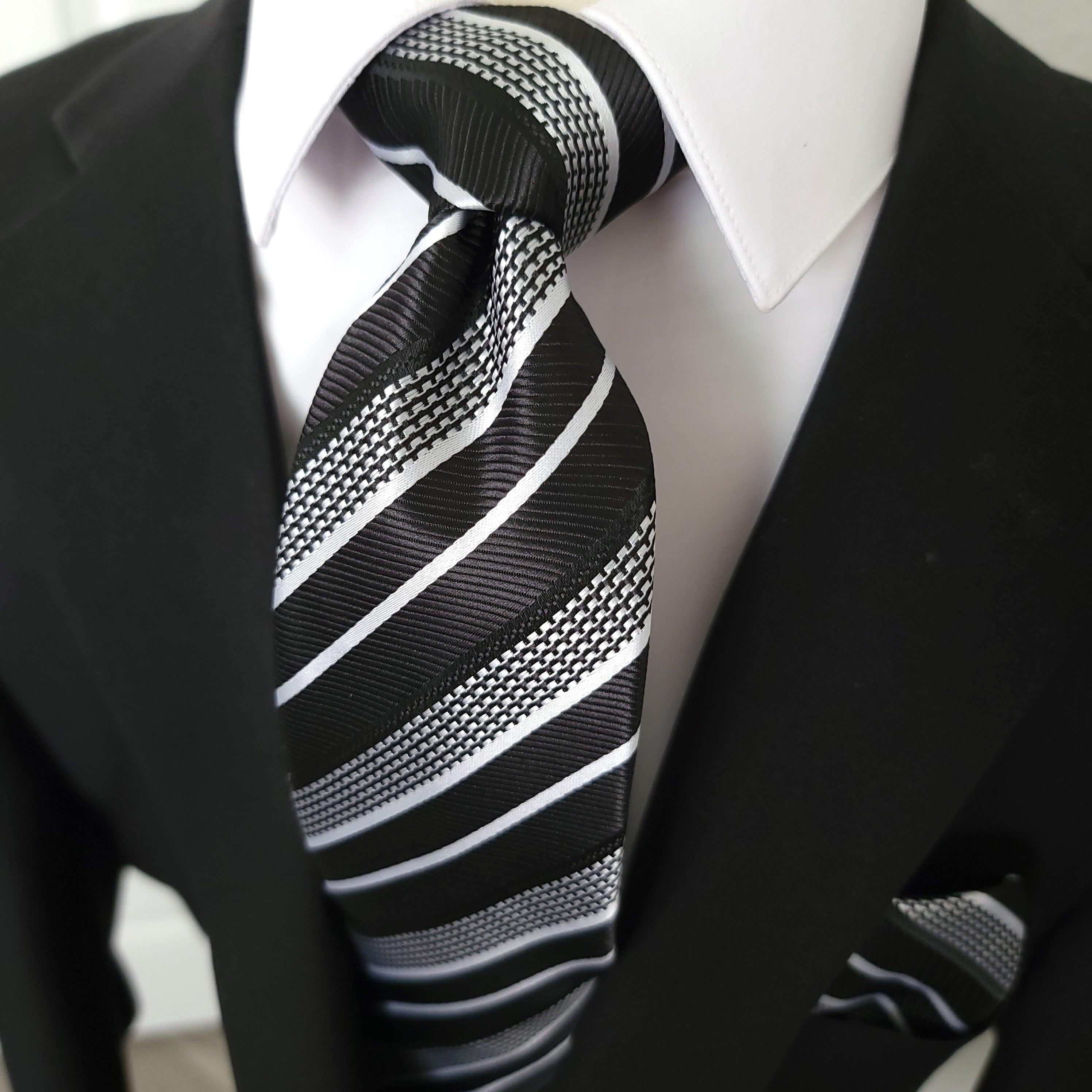 Black White Stripe Silk Tie Pocket Square Cufflink Set - STYLETIE