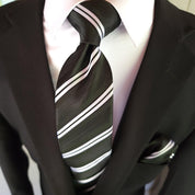 Black White Stripe Silk Tie Pocket Square Cufflink Set - STYLETIE