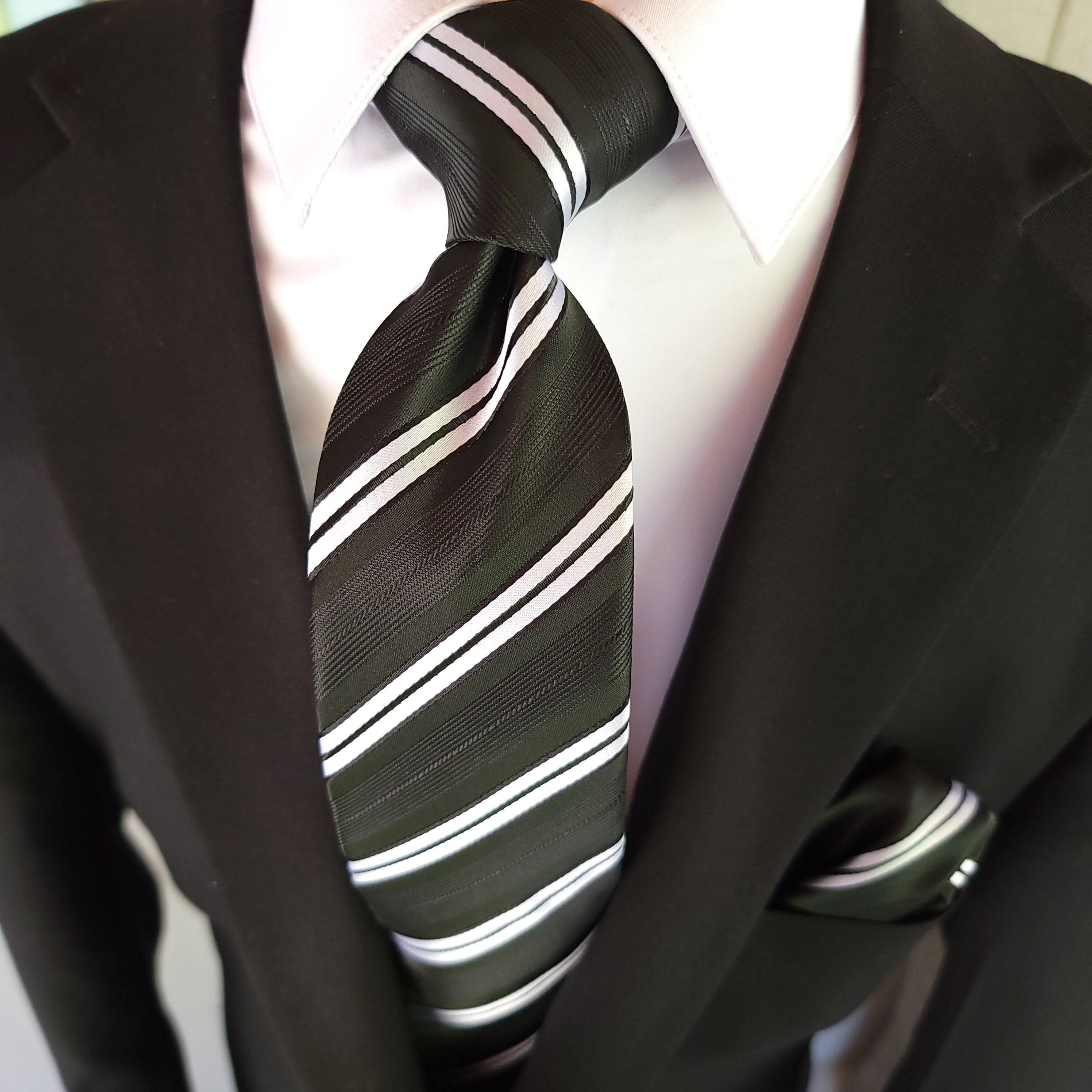 Black White Stripe Silk Tie Pocket Square Cufflink Set - STYLETIE