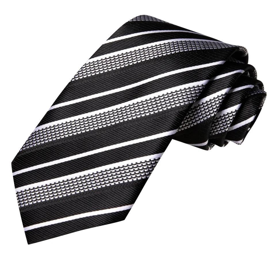Black White Stripe Silk Tie Pocket Square Cufflink Set - STYLETIE