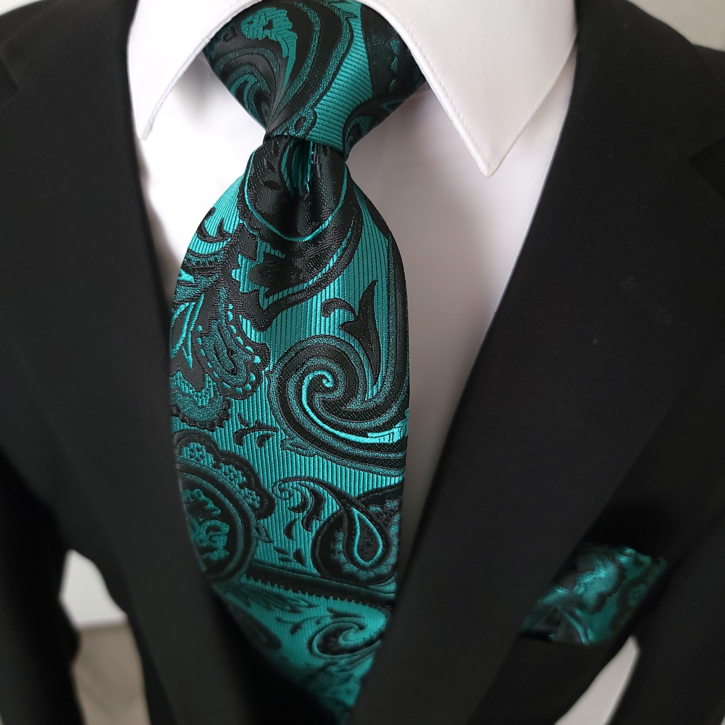 Blue Black Paisley Silk Tie Pocket Square Cufflink Set - STYLETIE