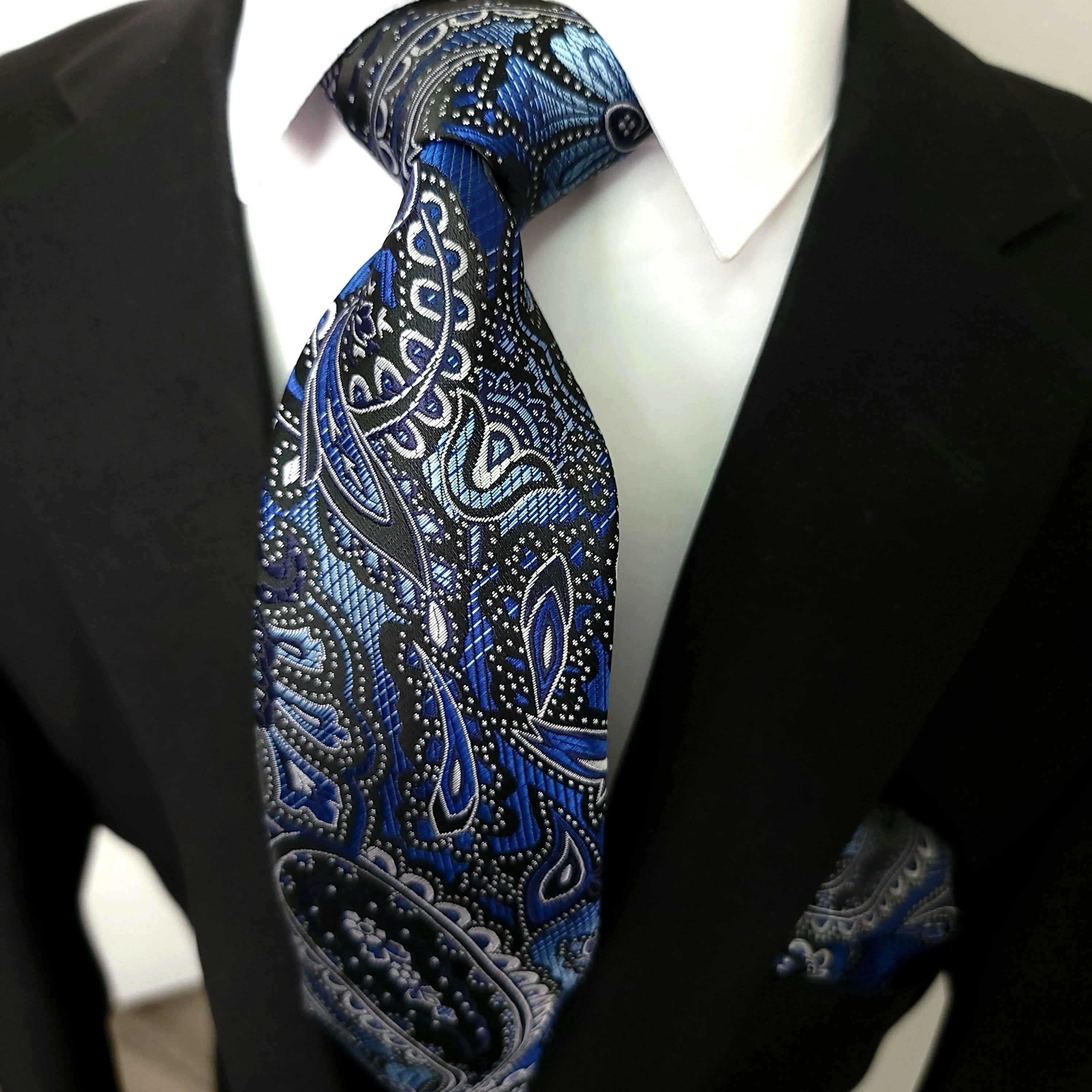 Blue Black White Paisley Silk Tie Pocket Square Cufflink Set - STYLETIE