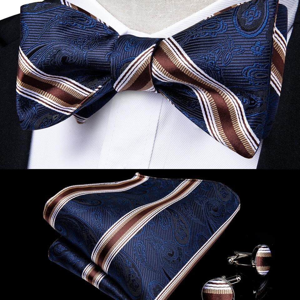 Blue Brown stripe Silk Bowtie Pocket Square Cufflink Set - STYLETIE