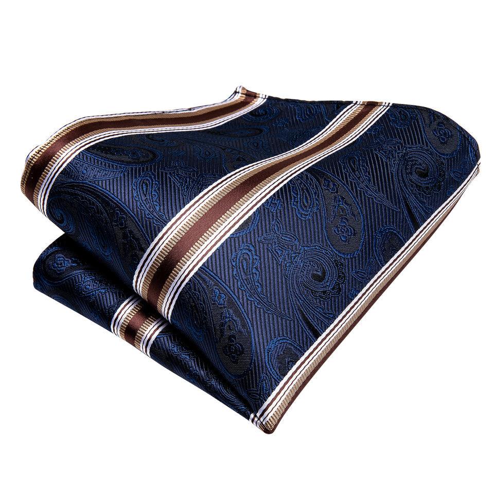 Blue Brown stripe Silk Bowtie Pocket Square Cufflink Set - STYLETIE