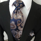Blue Gold Paisley Silk Tie Pocket Square Cufflink Set