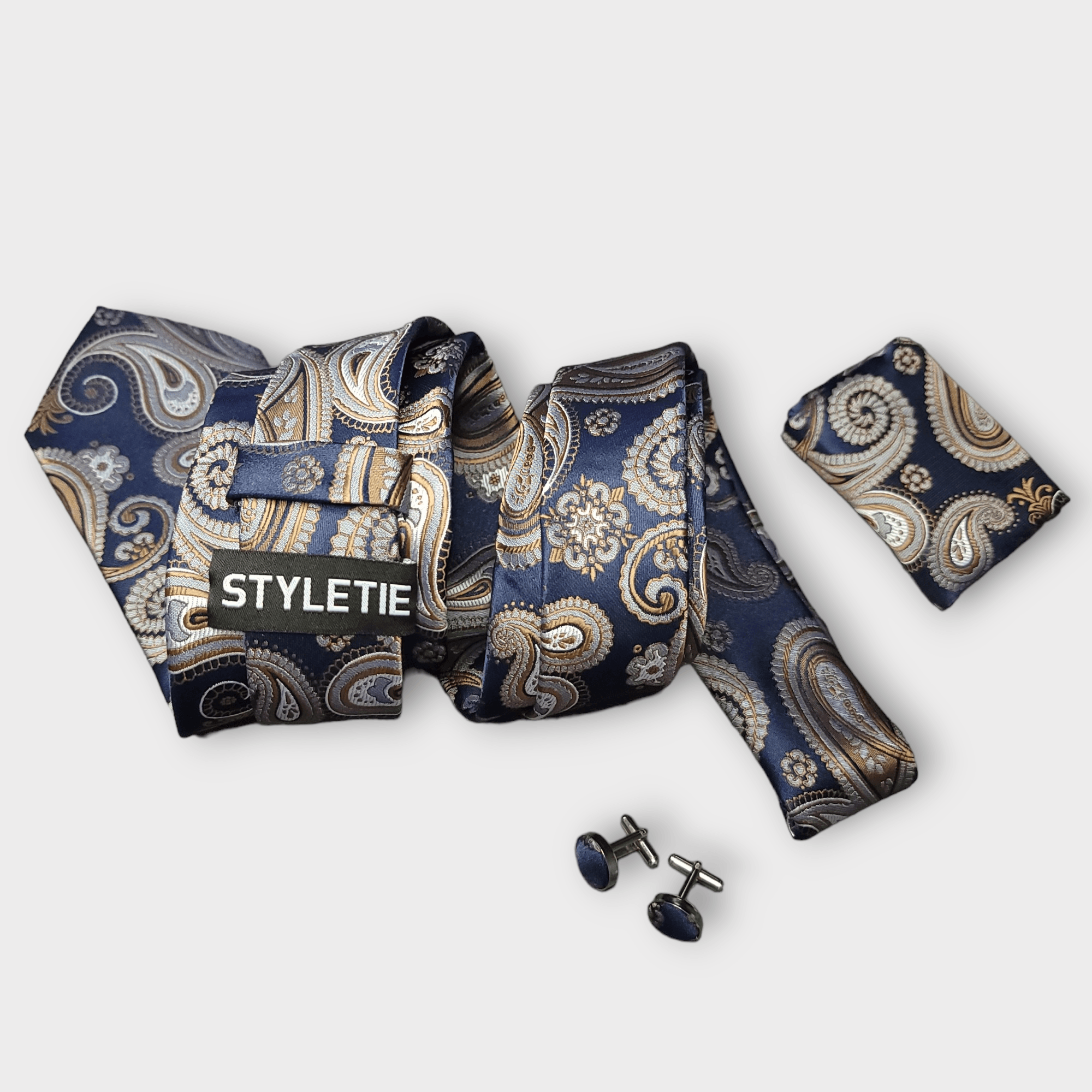 Blue Gold Paisley Silk Tie Pocket Square Cufflink Set - STYLETIE