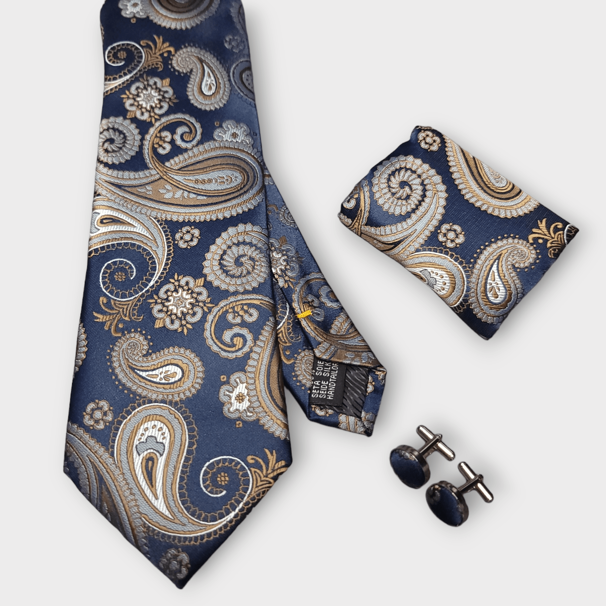 Blue Gold Paisley Silk Tie Pocket Square Cufflink Set - STYLETIE
