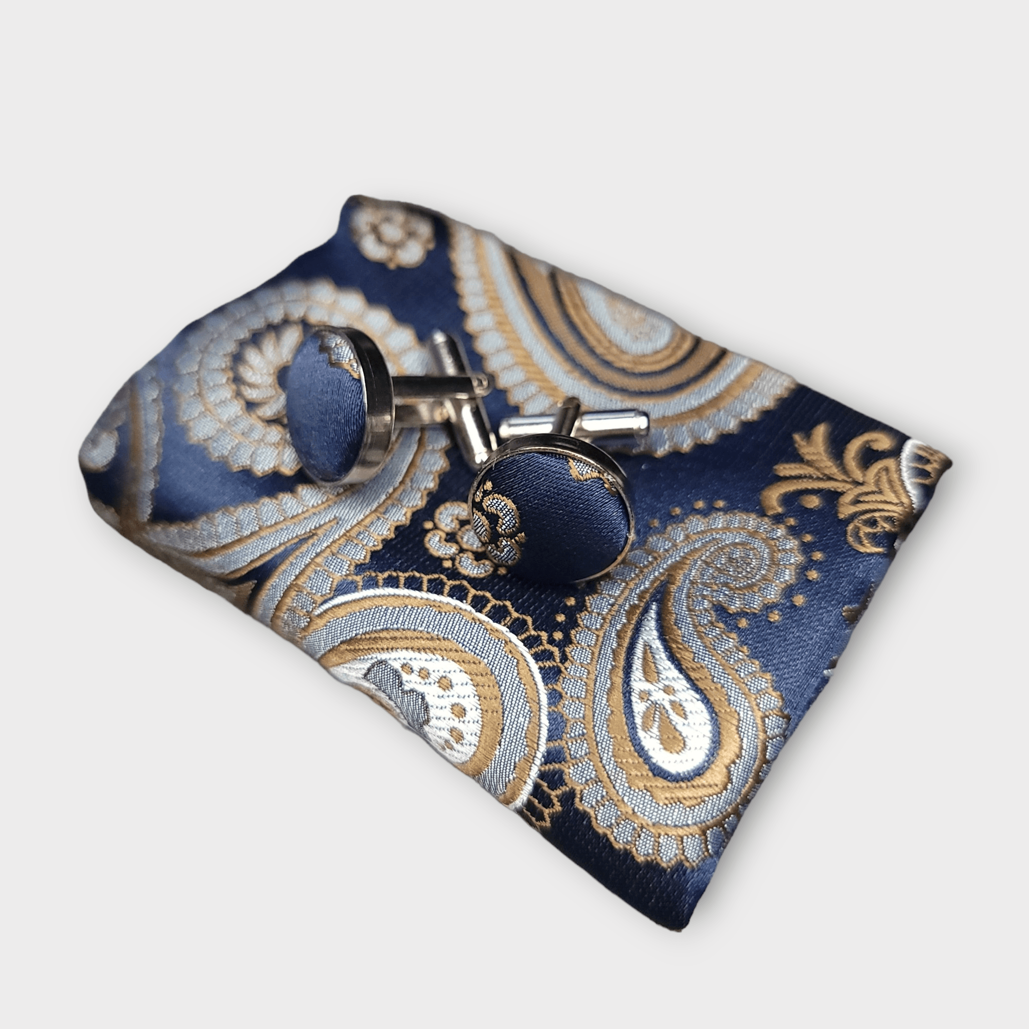 Blue Gold Paisley Silk Tie Pocket Square Cufflink Set - STYLETIE