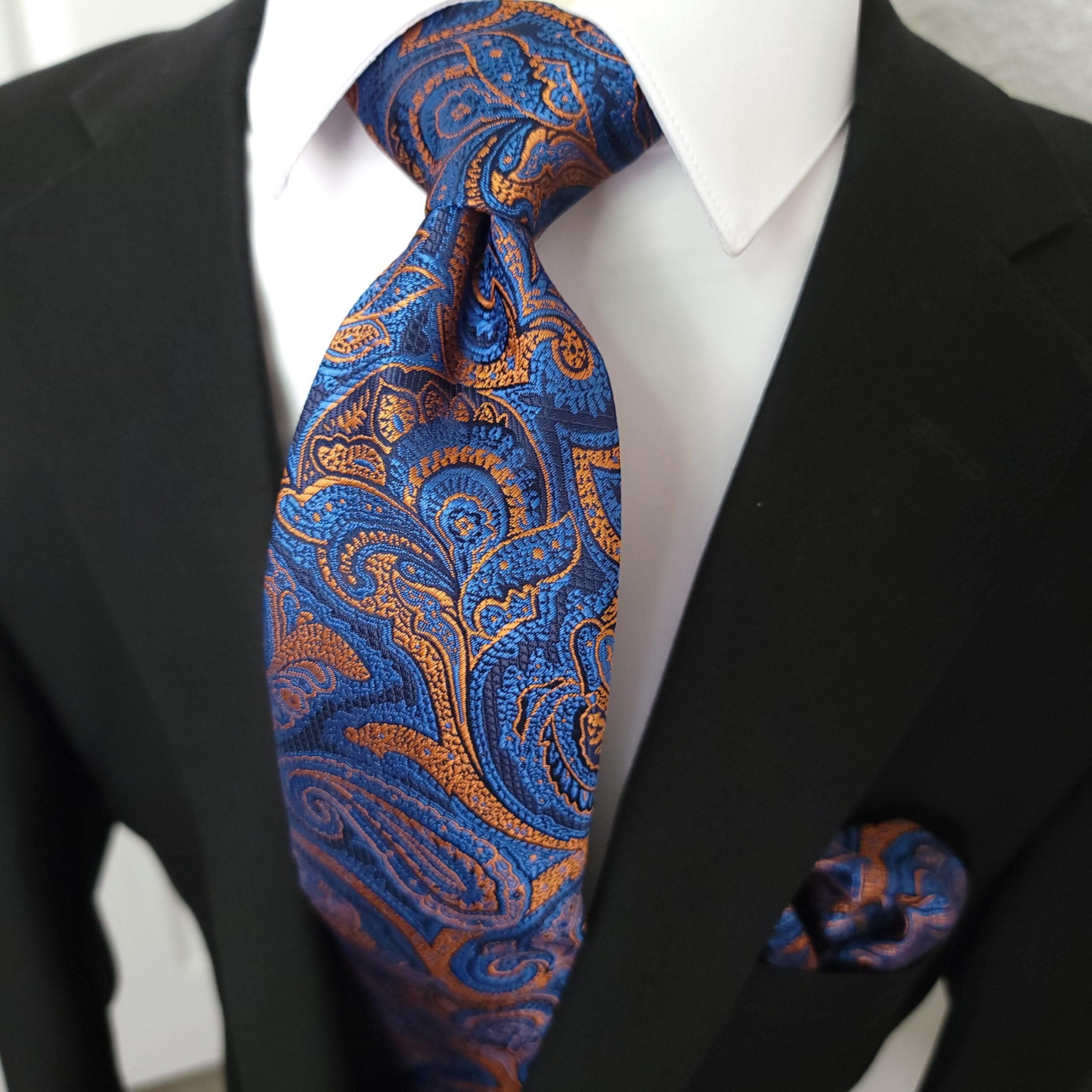 Blue Orange Paisley Silk Tie Pocket Square Cufflink Set - STYLETIE