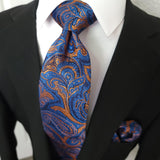 Blue Orange Paisley Silk Tie Pocket Square Cufflink Set