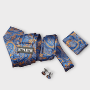 Blue Orange Paisley Silk Tie Pocket Square Cufflink Set - STYLETIE