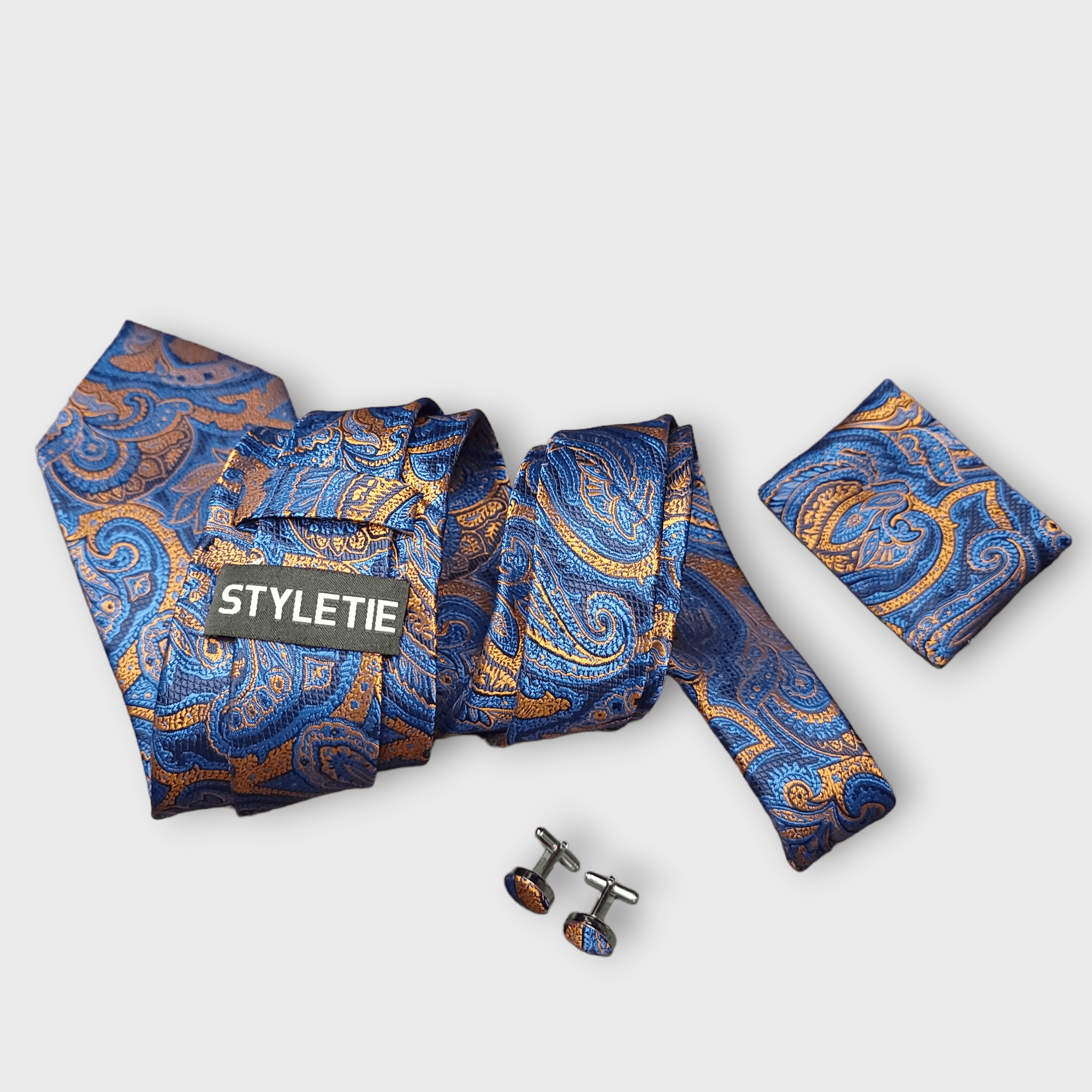 Blue Orange Paisley Silk Tie Pocket Square Cufflink Set - STYLETIE