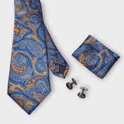 Blue Orange Paisley Silk Tie Pocket Square Cufflink Set - STYLETIE