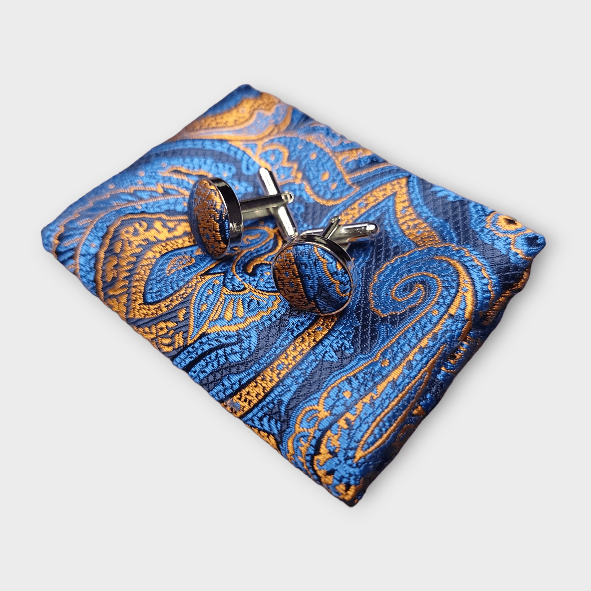 Blue Orange Paisley Silk Tie Pocket Square Cufflink Set - STYLETIE