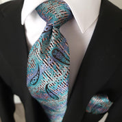 Blue Purple Paisley Silk Tie Pocket Square Cufflink Set - STYLETIE
