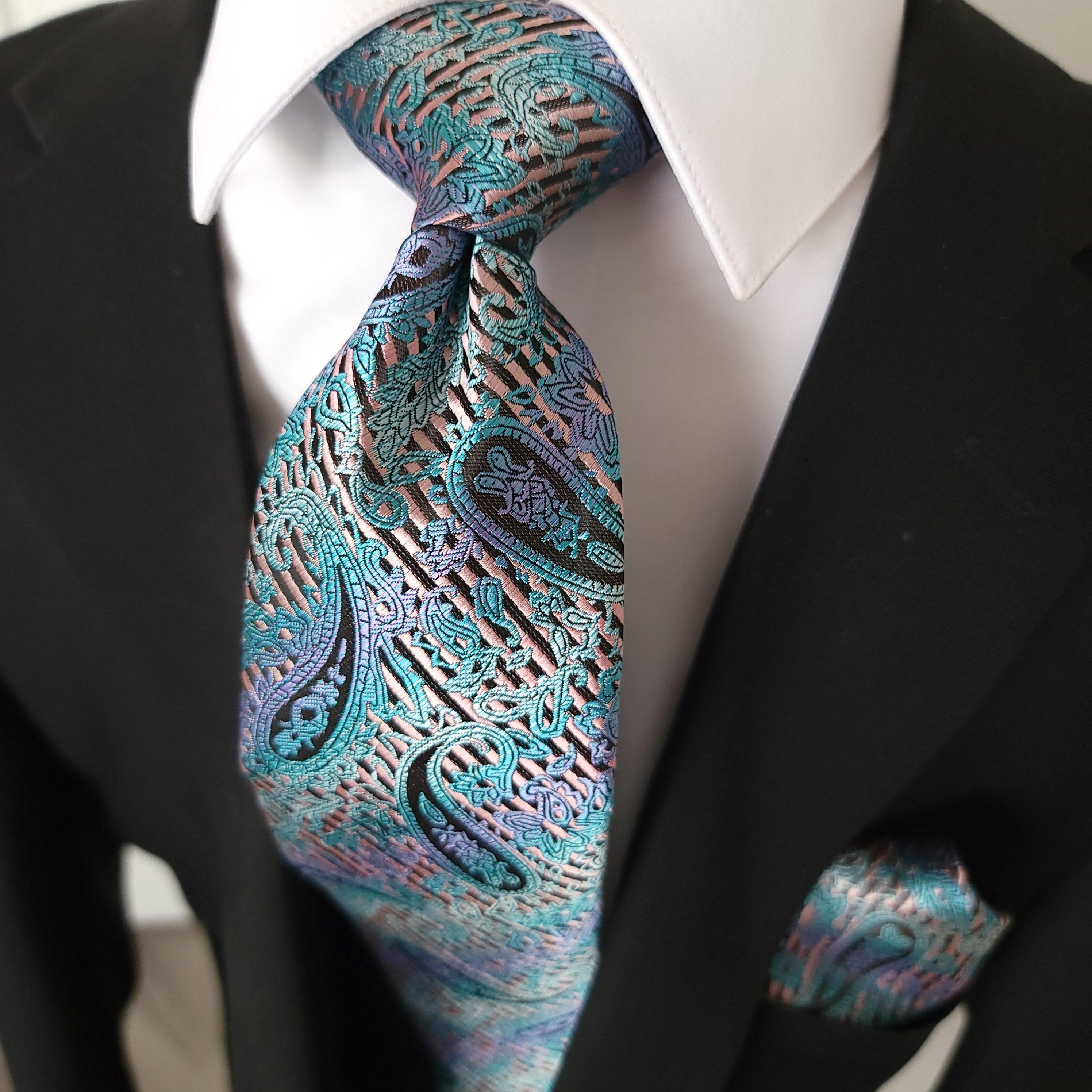 Blue Purple Paisley Silk Tie Pocket Square Cufflink Set - STYLETIE