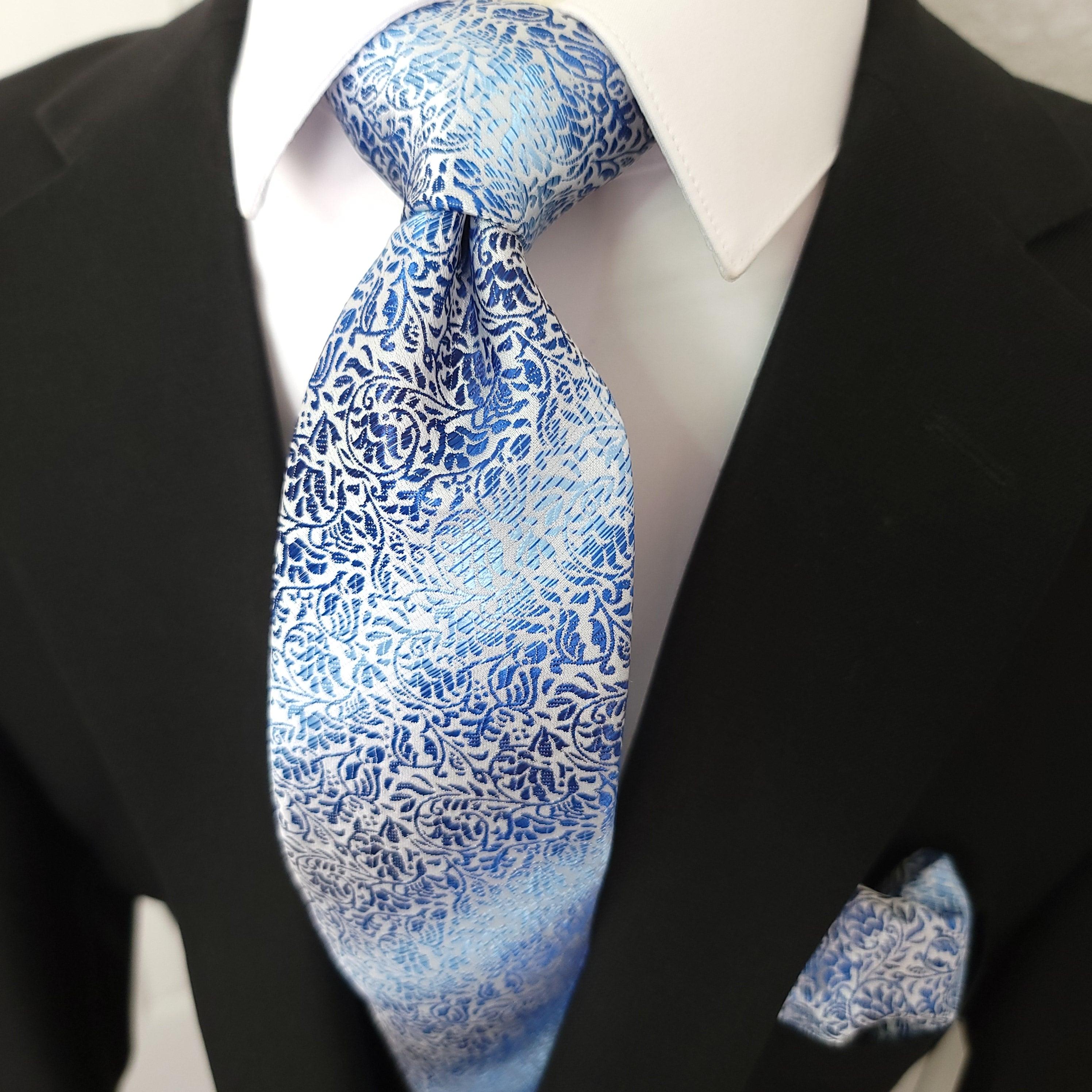 Blue Striped Floral Silk Tie Pocket Square Cufflink Set - STYLETIE