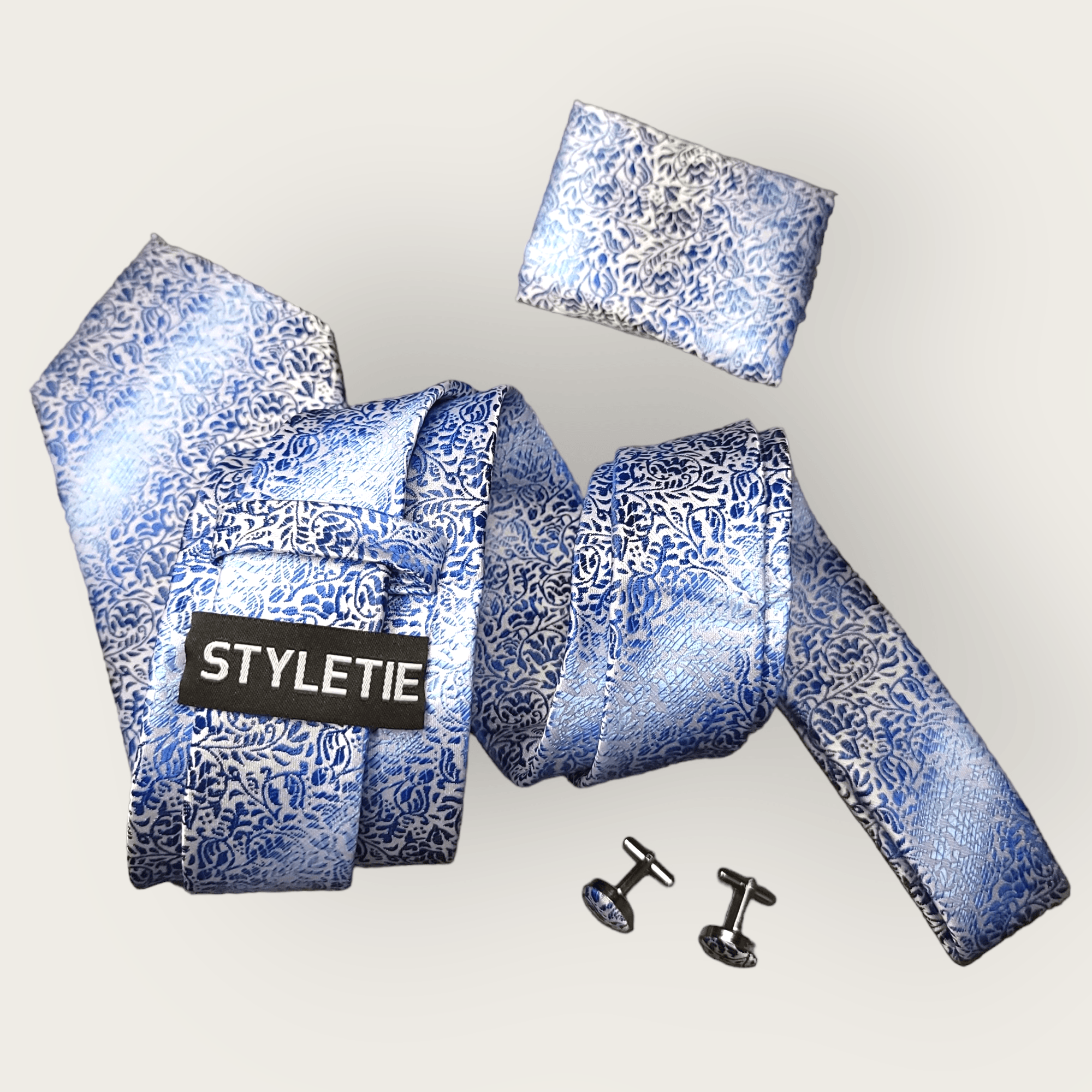 Blue Striped Floral Silk Tie Pocket Square Cufflink Set - STYLETIE