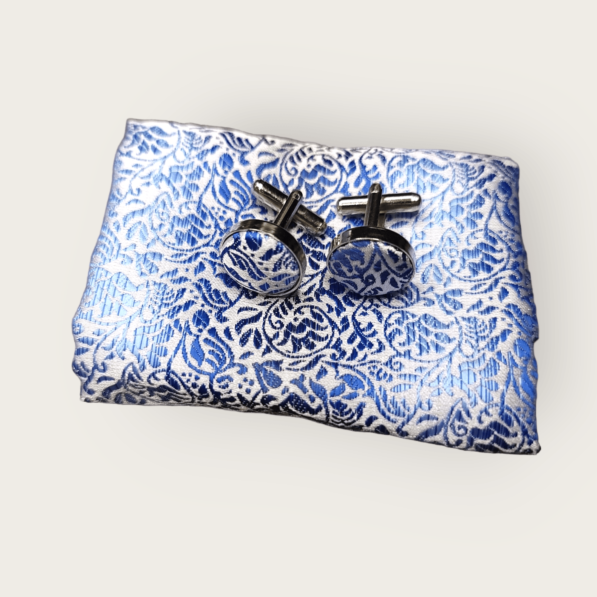 Blue Striped Floral Silk Tie Pocket Square Cufflink Set - STYLETIE