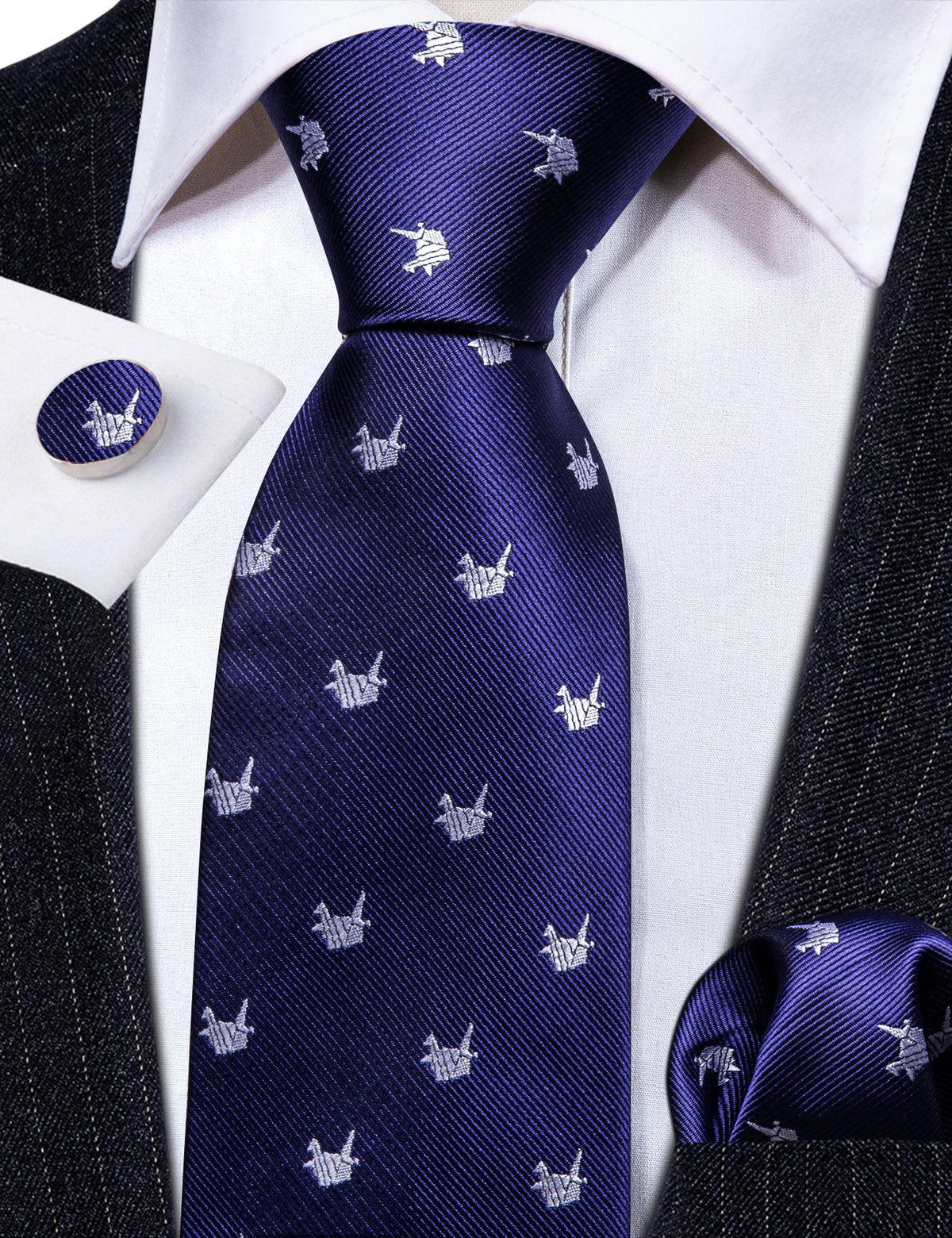 Blue White Crane Bird Silk Tie Pocket Square Cufflink Set - STYLETIE